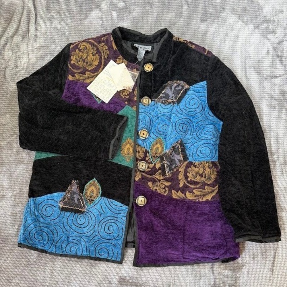 Indigo Moon Womens 1X Patchwork Tapestry Jacket Brocade Embroidered Button Front